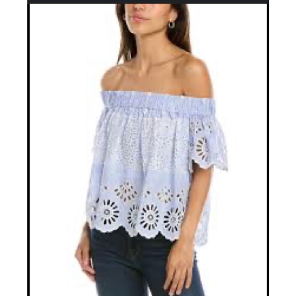 SEA New York Off-the-Shoulder Blue White Stripe Eyelet Top Size 0 - Picture 1 of 9